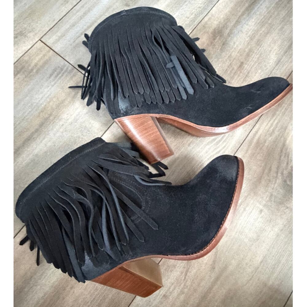 Frye Ilana Fringe Ankle Bootie Black Suede Western Heeled Boots Moto Womens 8.5